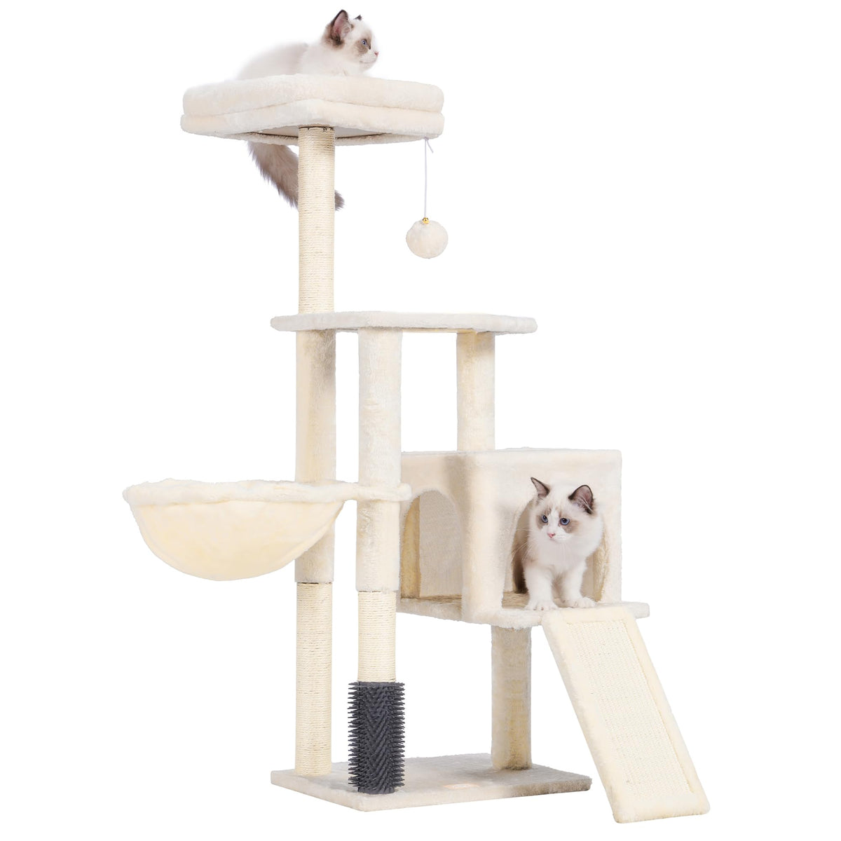 Heybly cat tree with self-groomer brush provides gentle massage and helps collect loose fur.