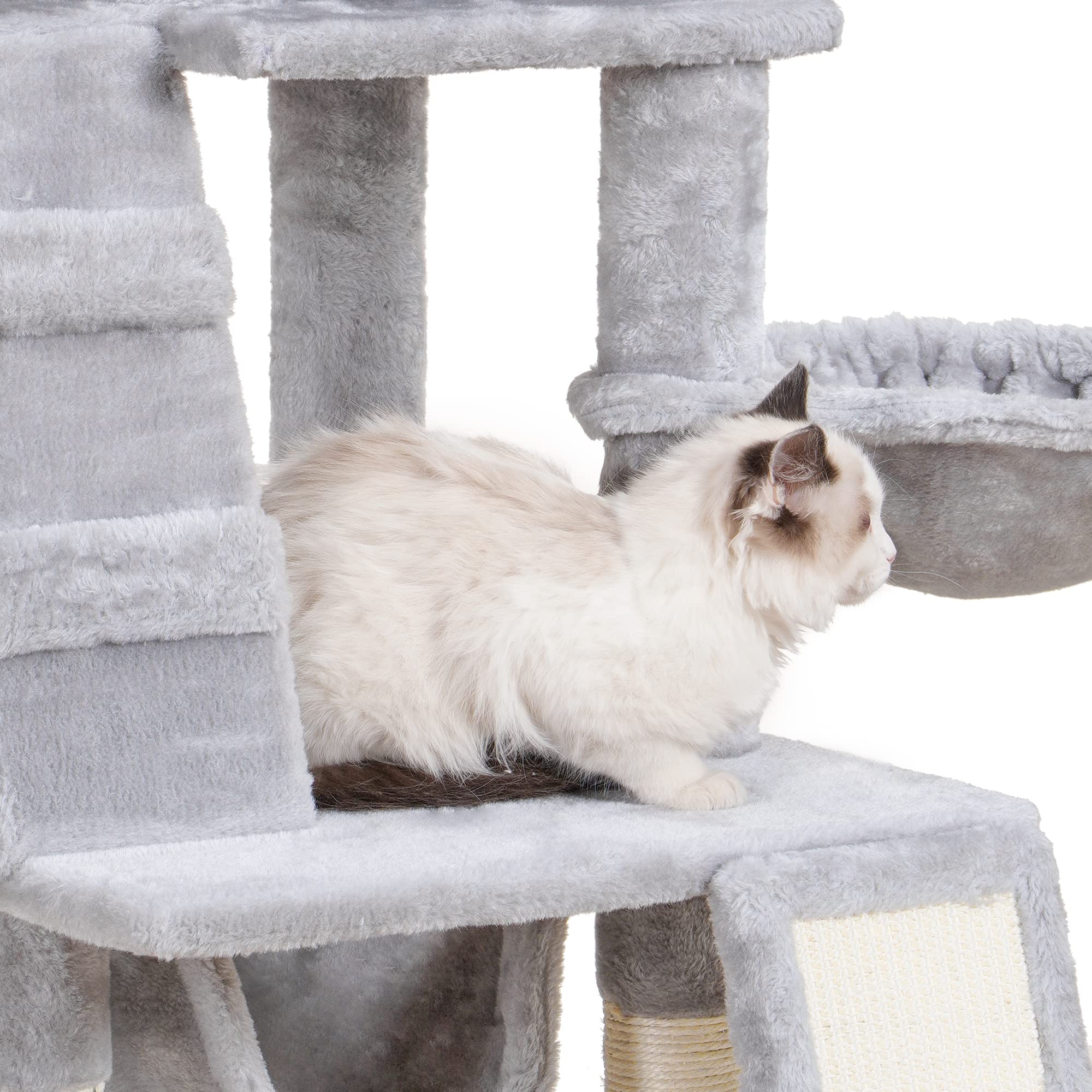 Heybly cat tree side view highlights compact footprint in room