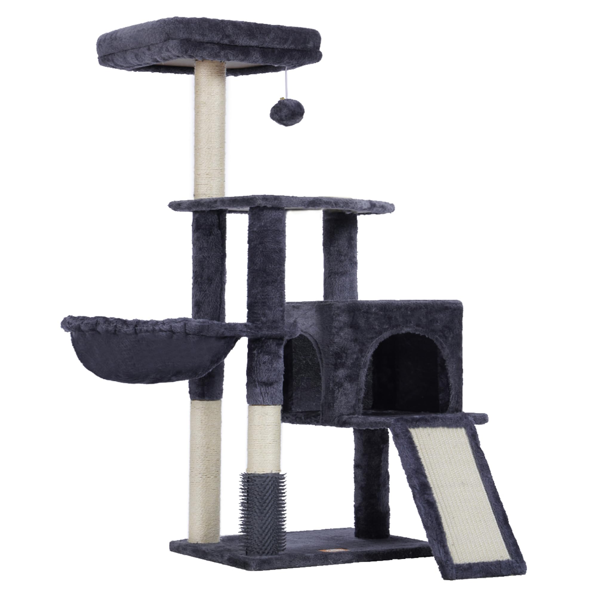 Heybly cat tree smoky gray finish blends with home decor.