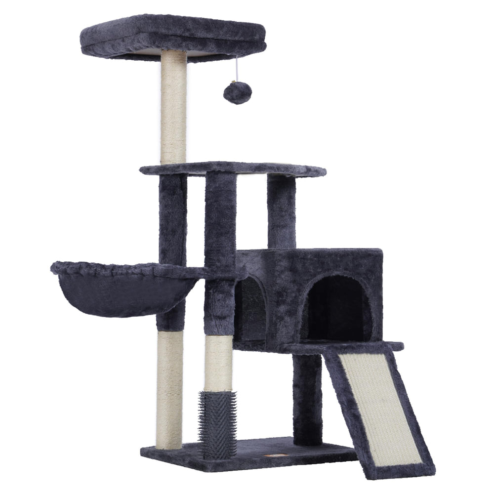 Heybly cat tree smoky gray finish blends with home decor.