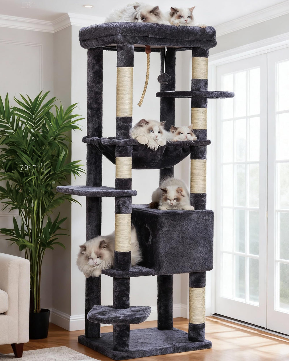 Heybly cat tree top perch in smoky gray offers a spacious lounge for large cats