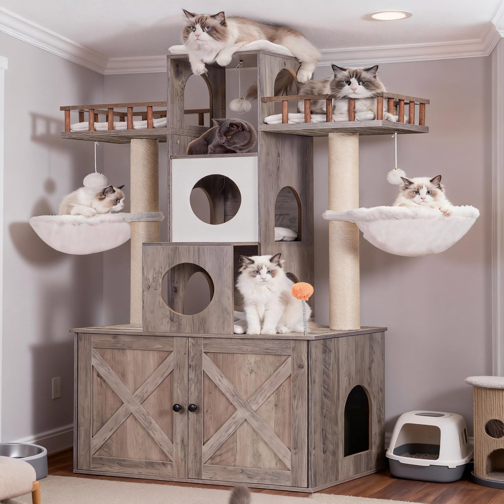 Heybly cat tree top perches offer secure elevated naps for multiple cats.
