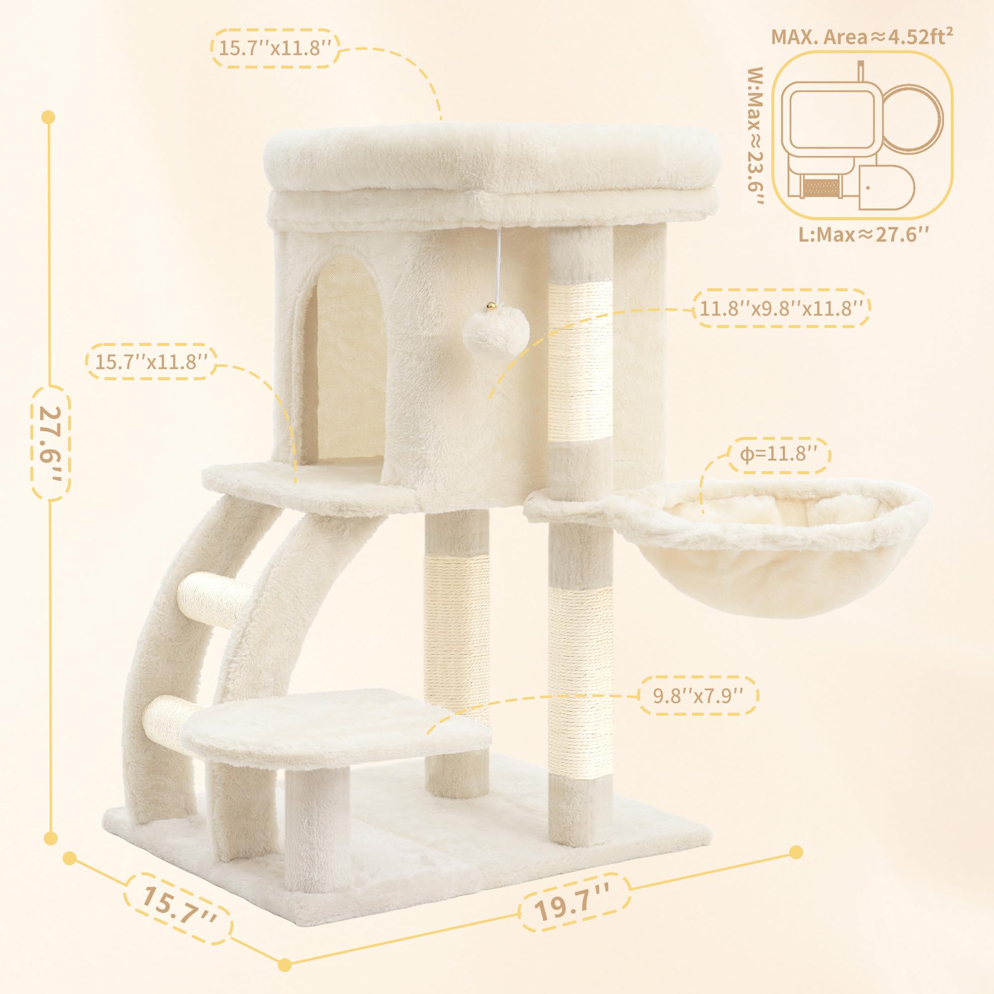 Heybly cat tree tower beige plush detail shows soft, inviting fabric and premium comfort.