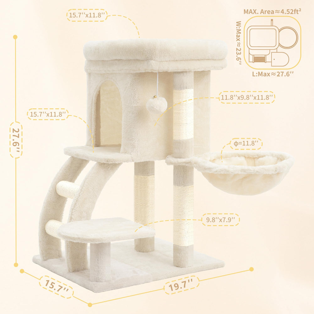 Heybly cat tree tower beige plush detail shows soft, inviting fabric and premium comfort.