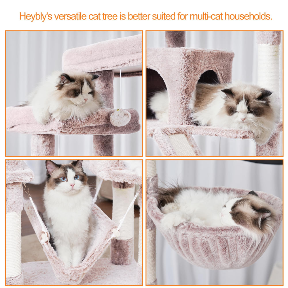 Heybly cat tree two condos provide cozy hideaways and rest zones.