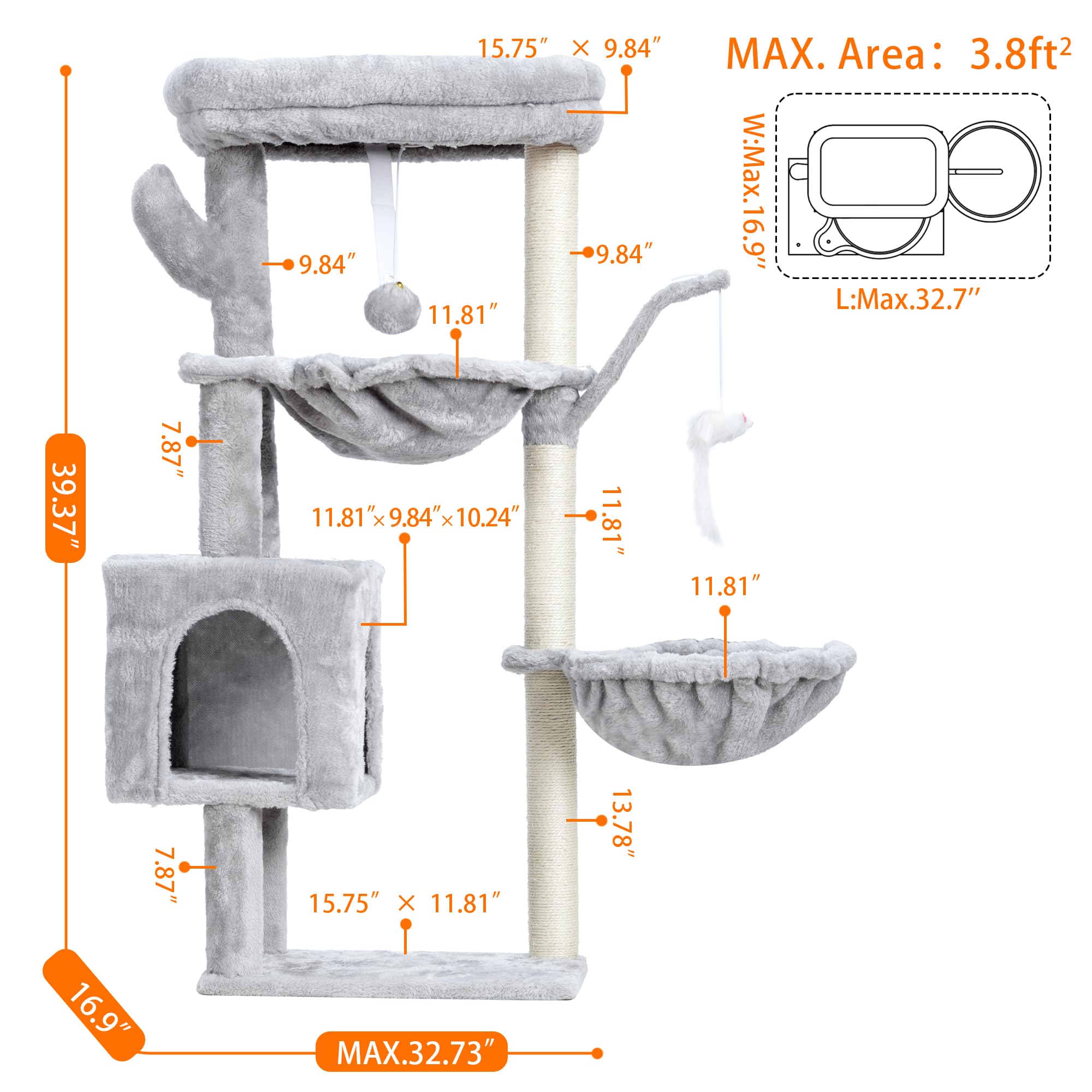 Heybly cat tree two hanging baskets create cozy views and snuggle nooks for cats.