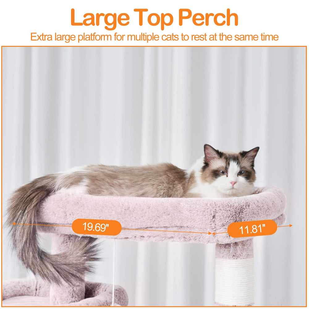 Heybly cat tree shows two perches for multiple cats to lounge and watch.