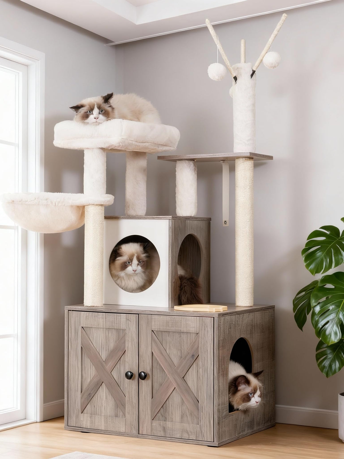 Heybly Cat Tree wooden tower with platform for elevated viewing and lounging.