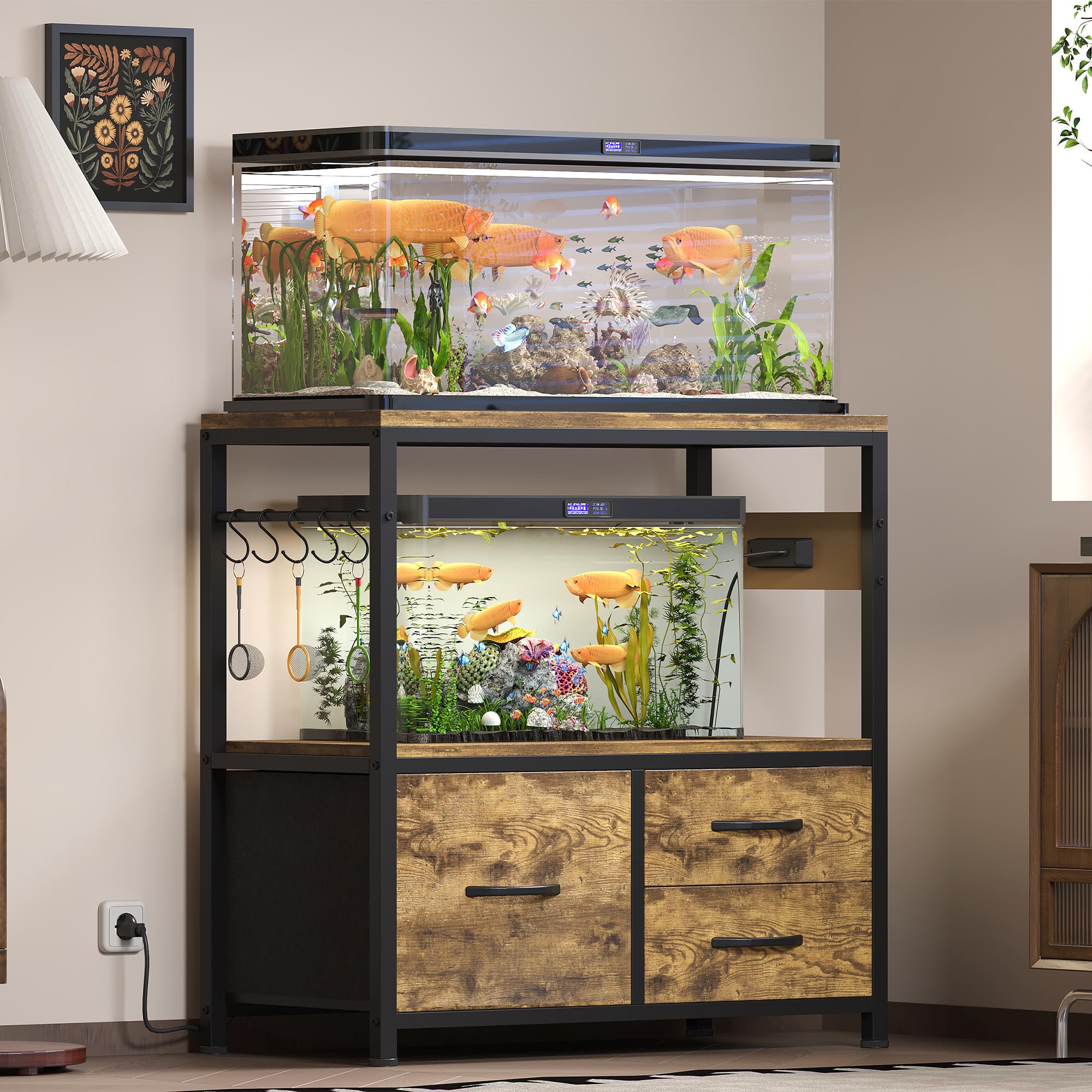Heybly fish tank stand drawer storage highlights organized space for medications and tools