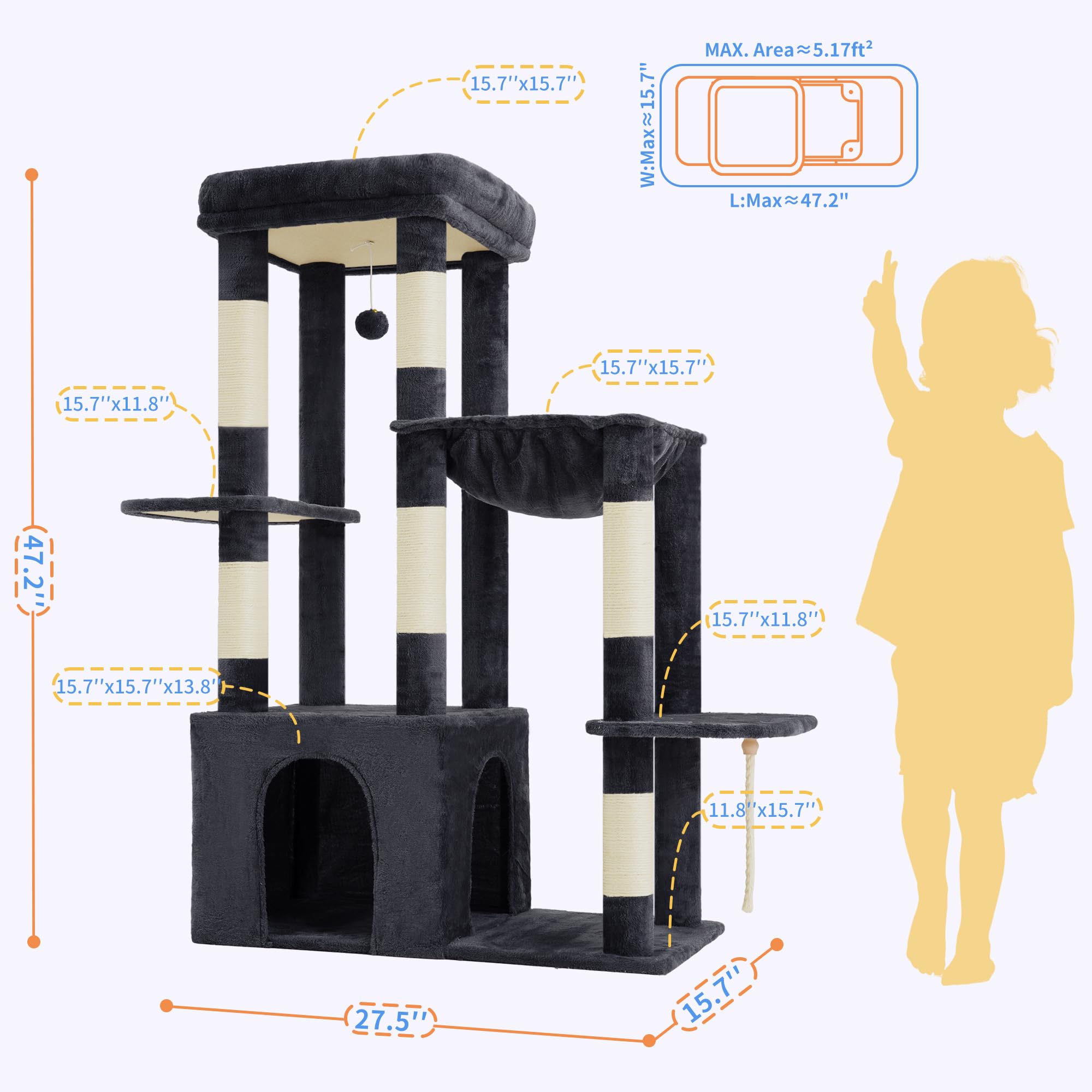 Heybly Heavy Duty Cat Tree wide base reduces tipping during energetic jumps