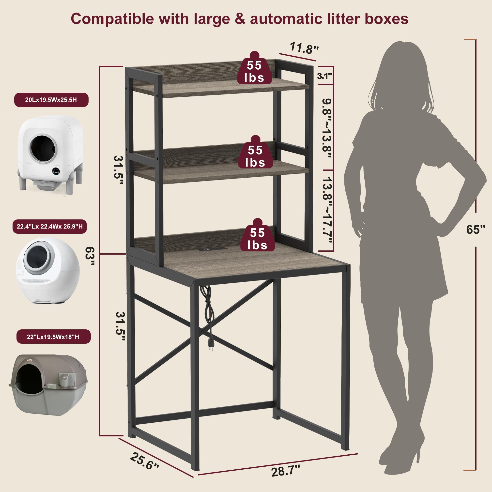 Heybly Litter Box Enclosure integrated power hub with outlets for robot charging.