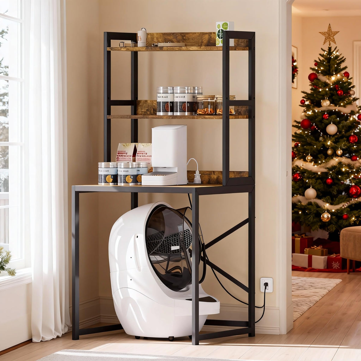 Heybly Litter Box Enclosure overview showing rustic wooden cabinet with ample interior space.
