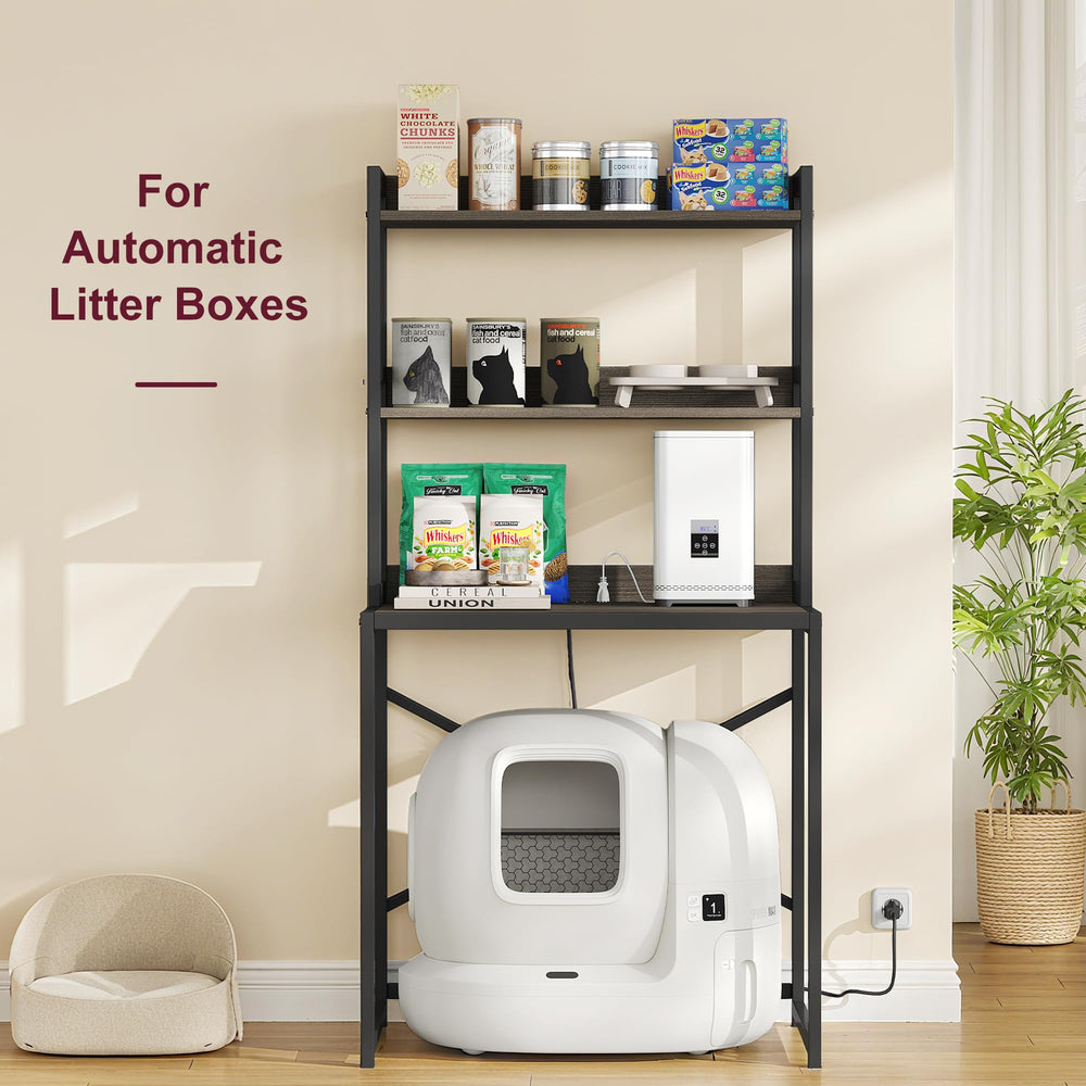 Heybly Litter Box Enclosure two-tier shelf storage neatly holds cat supplies.
