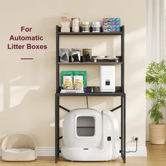 Heybly Litter Box Enclosure two-tier shelf storage neatly holds cat supplies.