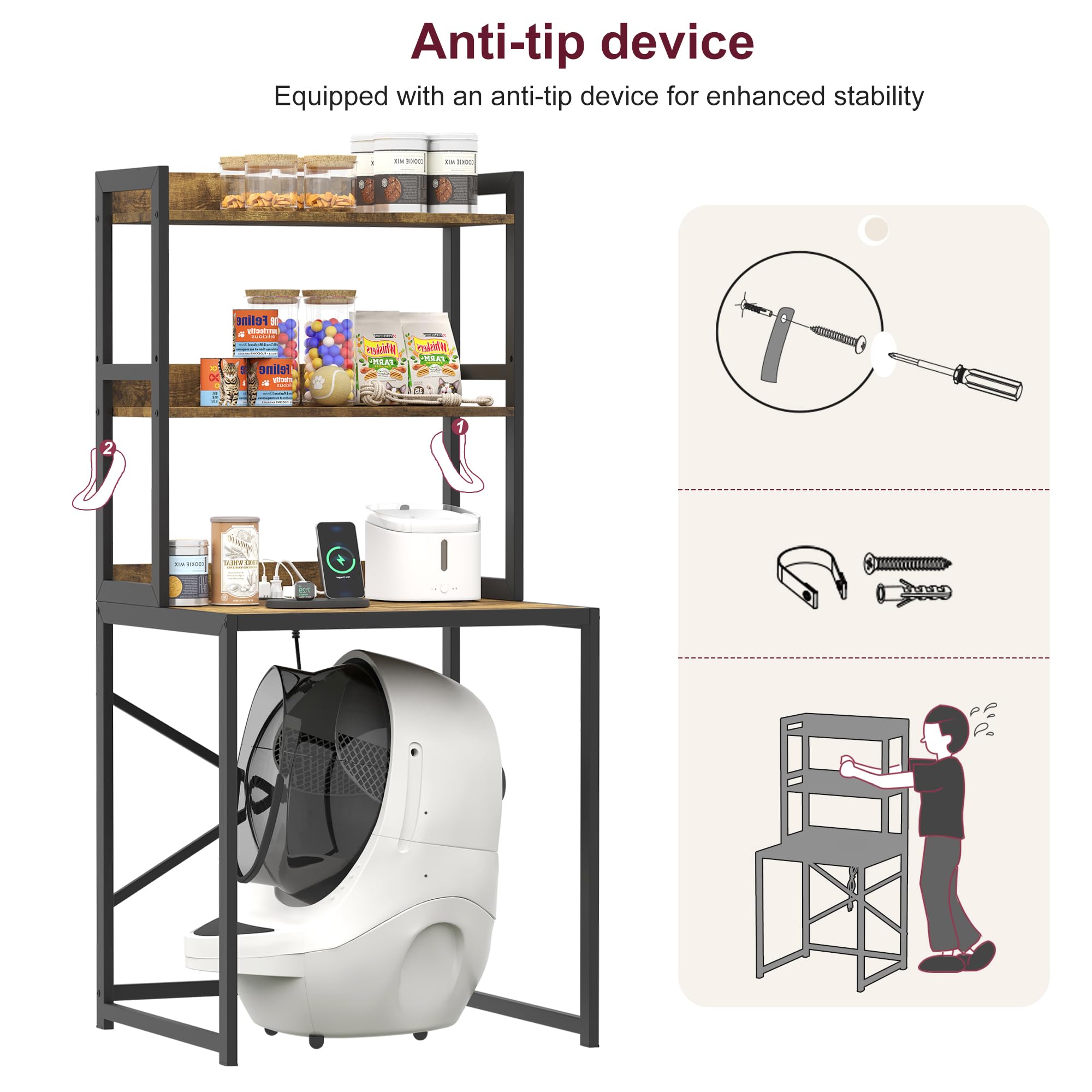 Heybly Litter Box Enclosure two-tier adjustable shelf stores food and toys.