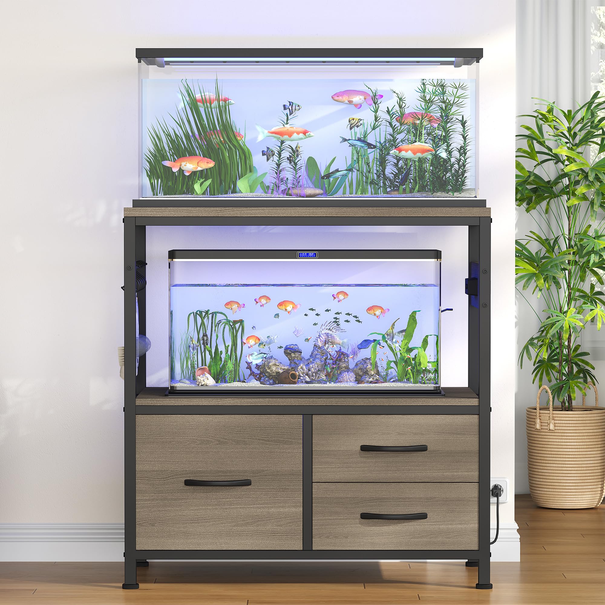Heybly stand rustic gray finish blends with home décor.