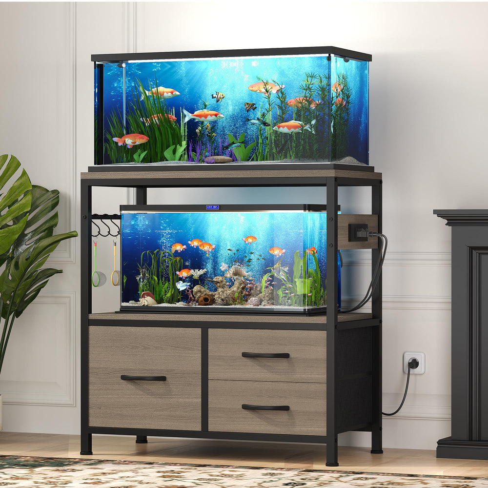 Heybly stand in-use setup fits fish, turtle, or reptile habitats.