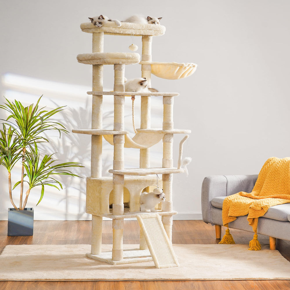 Heybly tall cat tree top perch padding adds cozy comfort around edges.