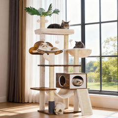 Heybly wood cat tree top perches offer secure elevated views for curious indoor cats.