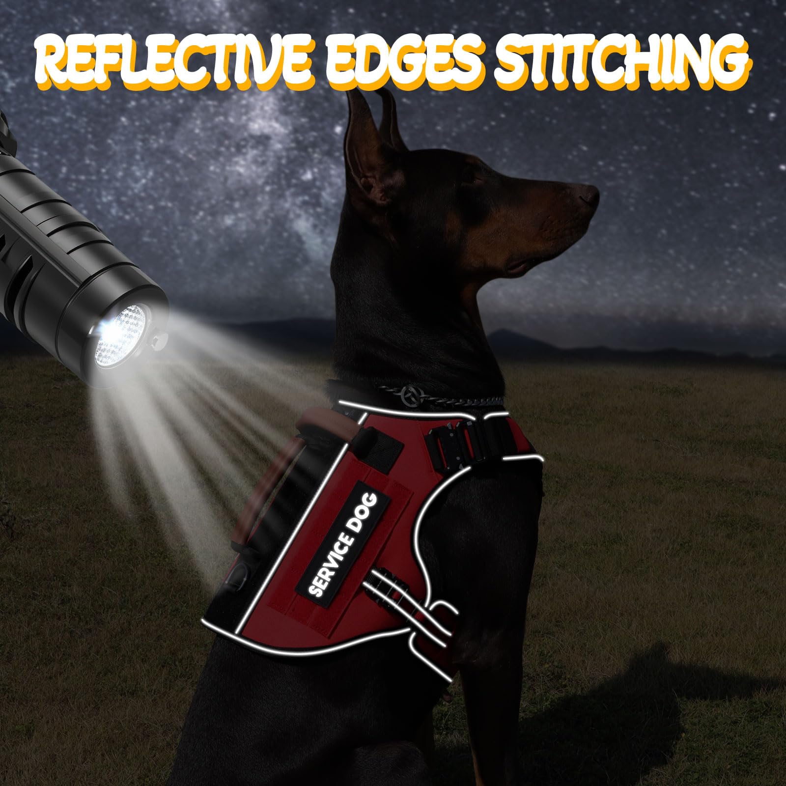 HEYCAHVA Service Dog Vest back view demonstrates reflective stitching for visibility.