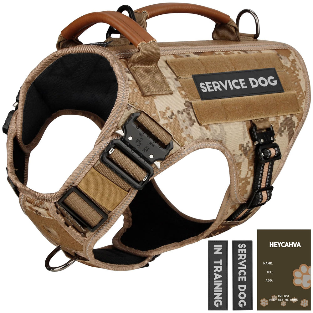 HEYCAHVA service dog vest in desert camo enhances visibility and comfort on hikes.