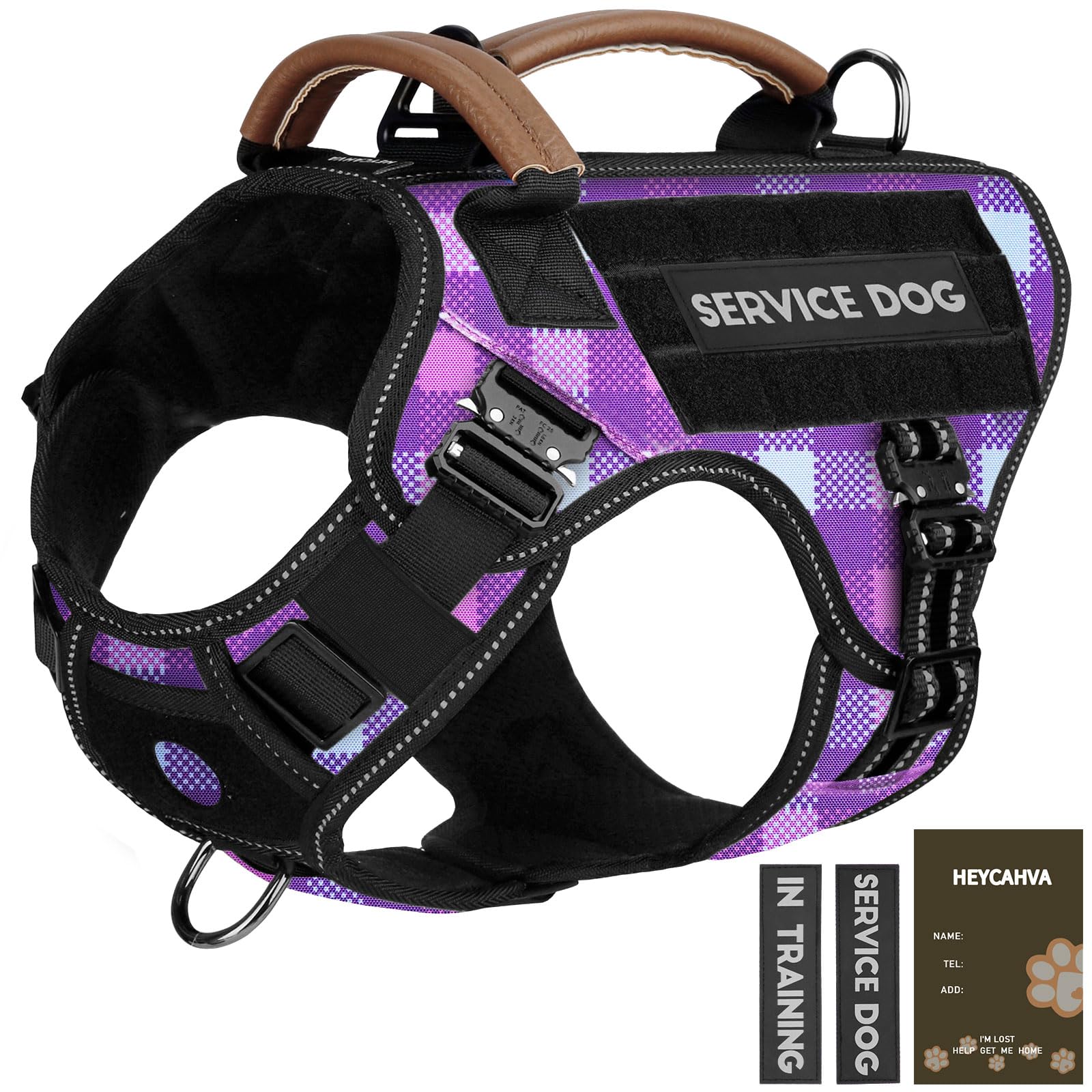 HeyCAHVA tactical dog harness front view highlighting secure metal buckles for training.