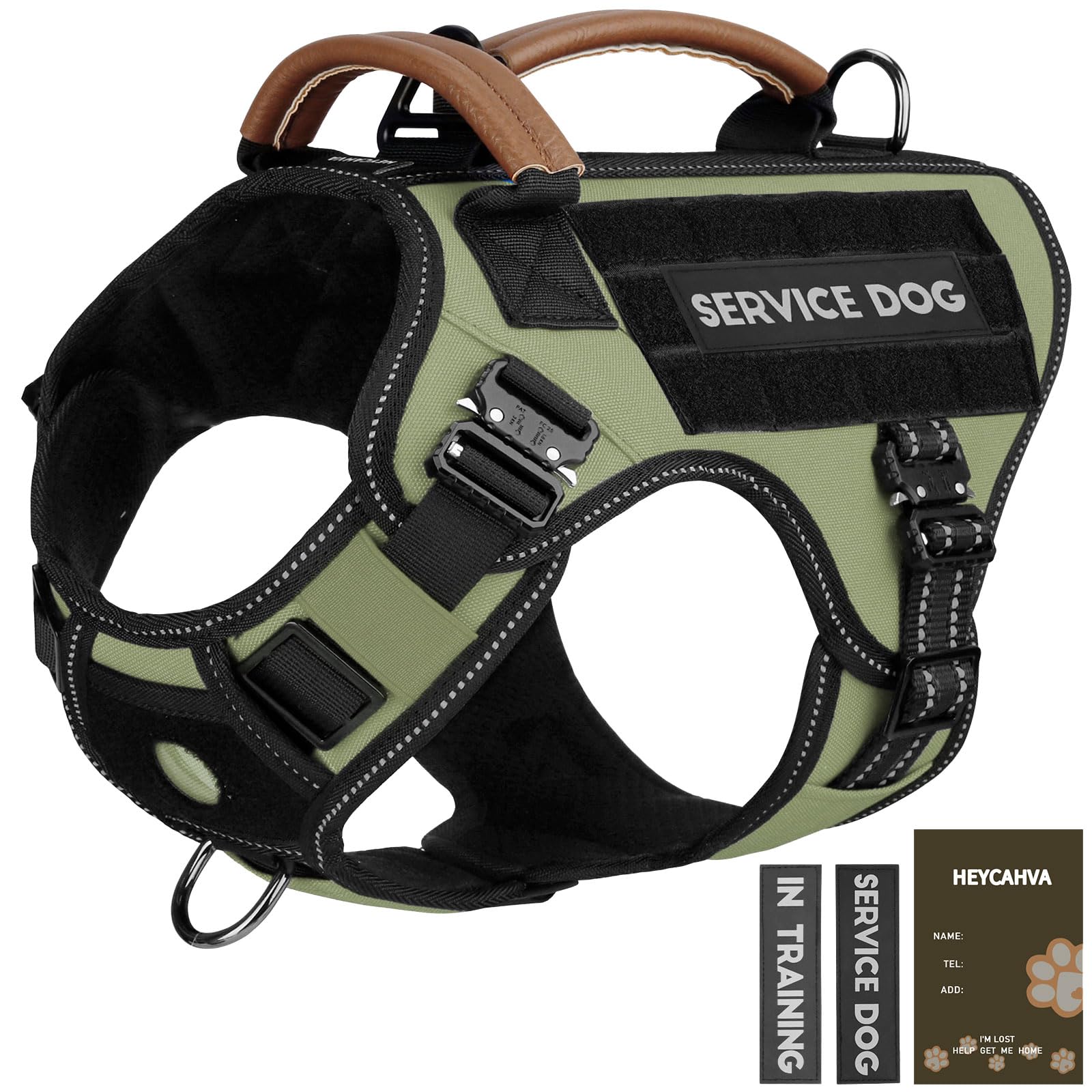 HEYCAHVA tactical dog harness front view shows secure fit for medium to large dogs.