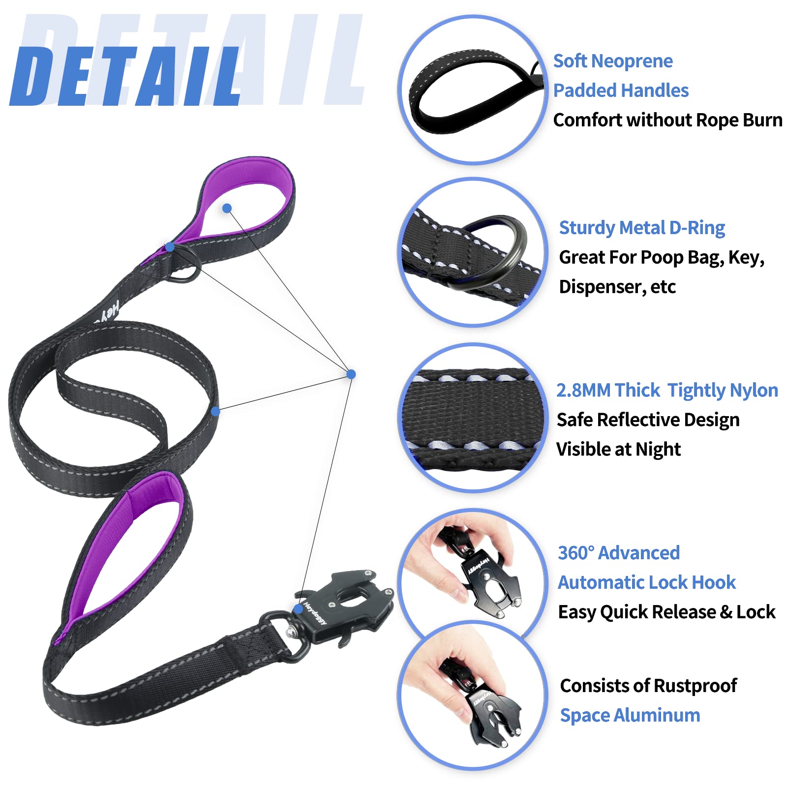 Heydoggy 6ft reflective leash keeps dogs visible at night for safer evening walks.