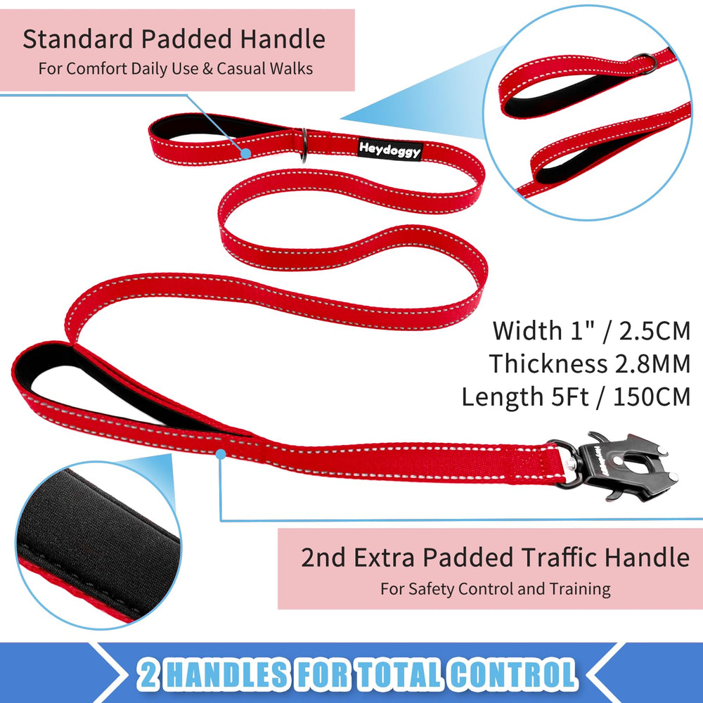 Heydoggy D-ring training-ready leash supports attaching clickers or bags.