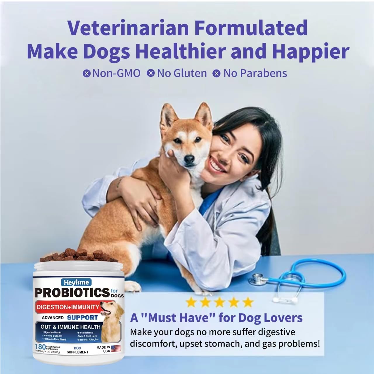 HEYISME Probiotics for Dogs bacon-flavor hero showcasing a tasty canine probiotic treat.