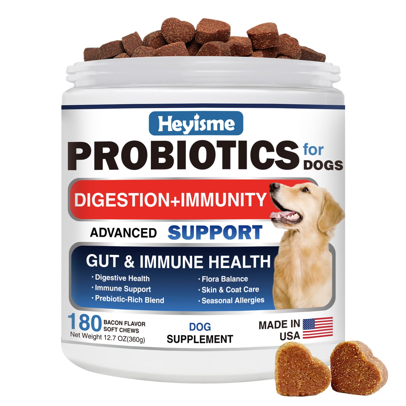 HEYISME Probiotics for Dogs bottle front highlights bacon-flavored chews for digestive balance.