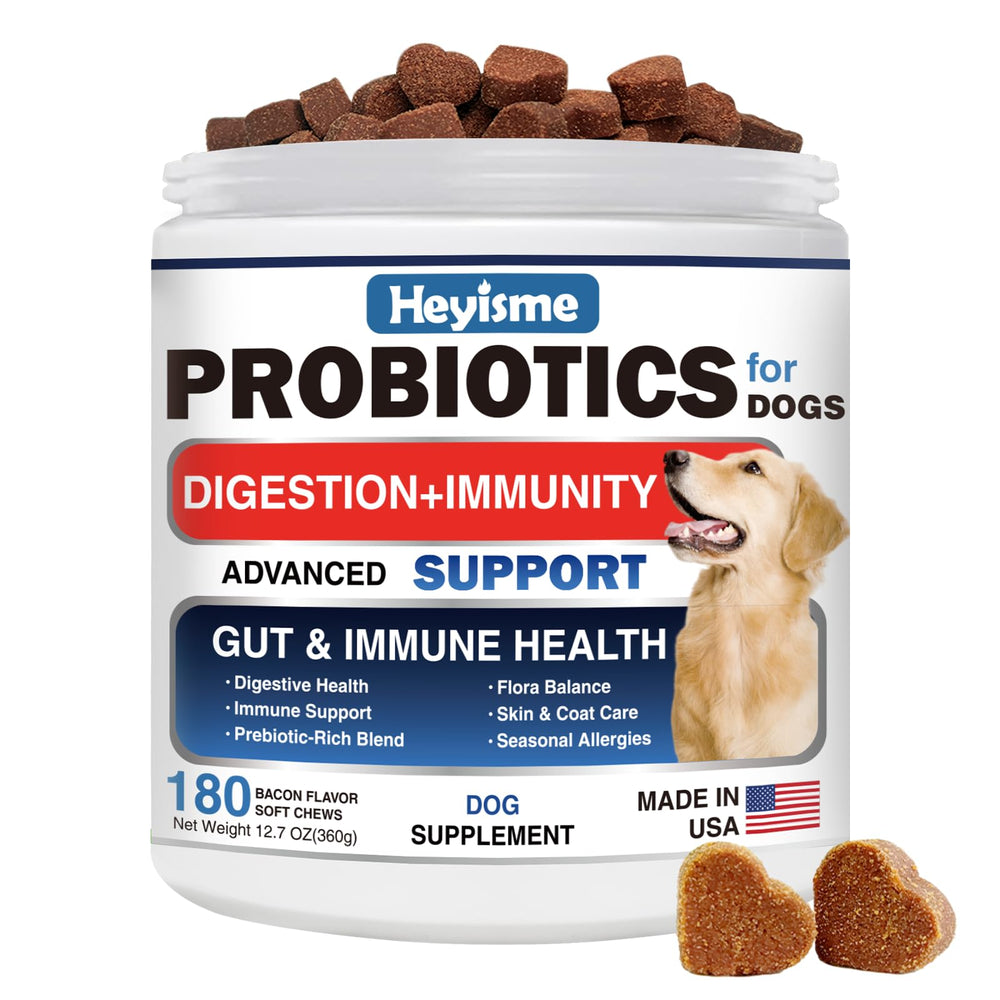 HEYISME Probiotics for Dogs bottle front highlights bacon-flavored chews for digestive balance.