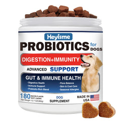 HEYISME Probiotics for Dogs bottle front highlights bacon-flavored chews for digestive balance.