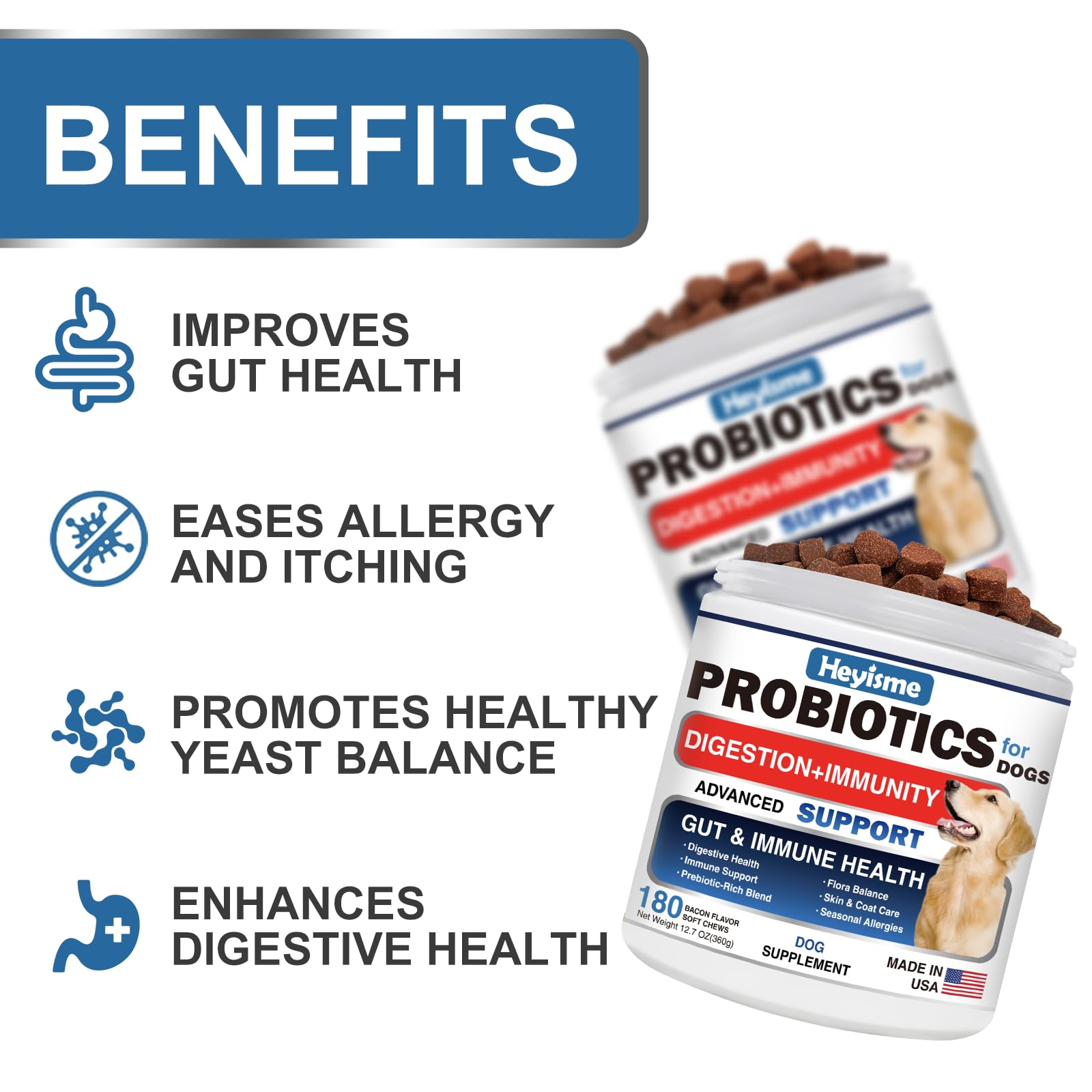 HEYISME Probiotics for Dogs chews closeup showing soft, tasty texture for easy administration.