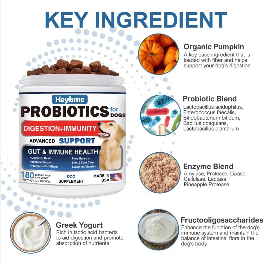 HEYISME Probiotics for Dogs immune support label image hinting at overall wellness.