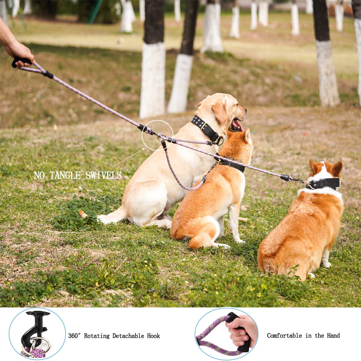 Heyllou three-way coupler enables multi-dog walking configurations.