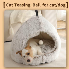 Hezotco cat bed with teasing ball demonstrates interactive play and enrichment.