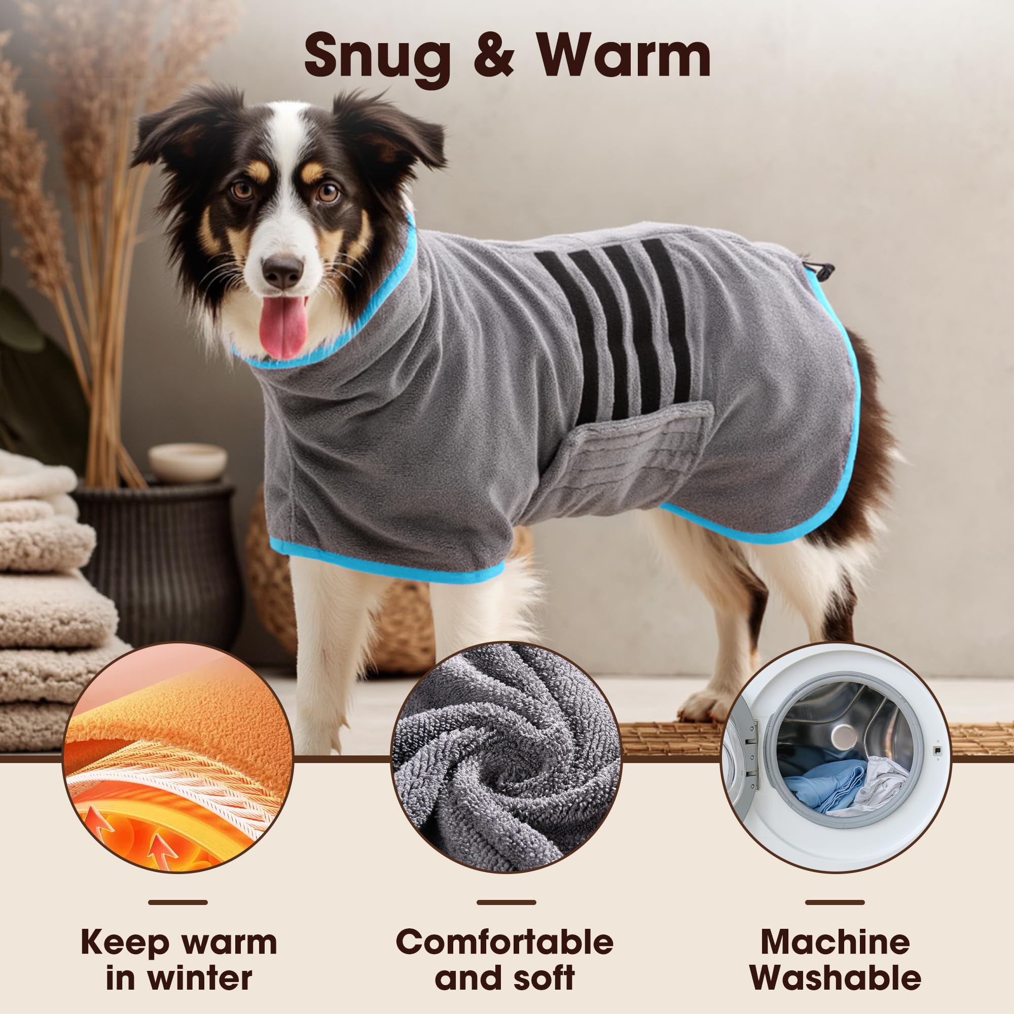 HezzLuv Microfibre Dog Bathrobe shows adjustable waist fit for secure drying.