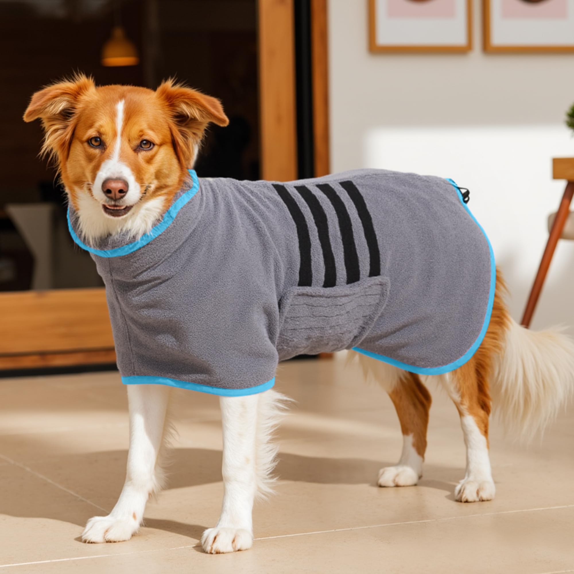 HezzLuv Microfibre Dog Bathrobe absorbs water after bath for fast drying.