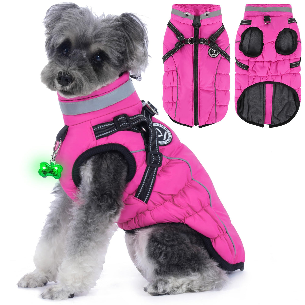 HezzLuv waterproof dog jacket with built-in harness for quick leash attachment during walks.