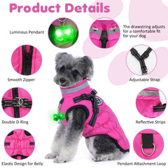 HezzLuv waterproof dog jacket showing luminous pendant for safer nighttime visibility.