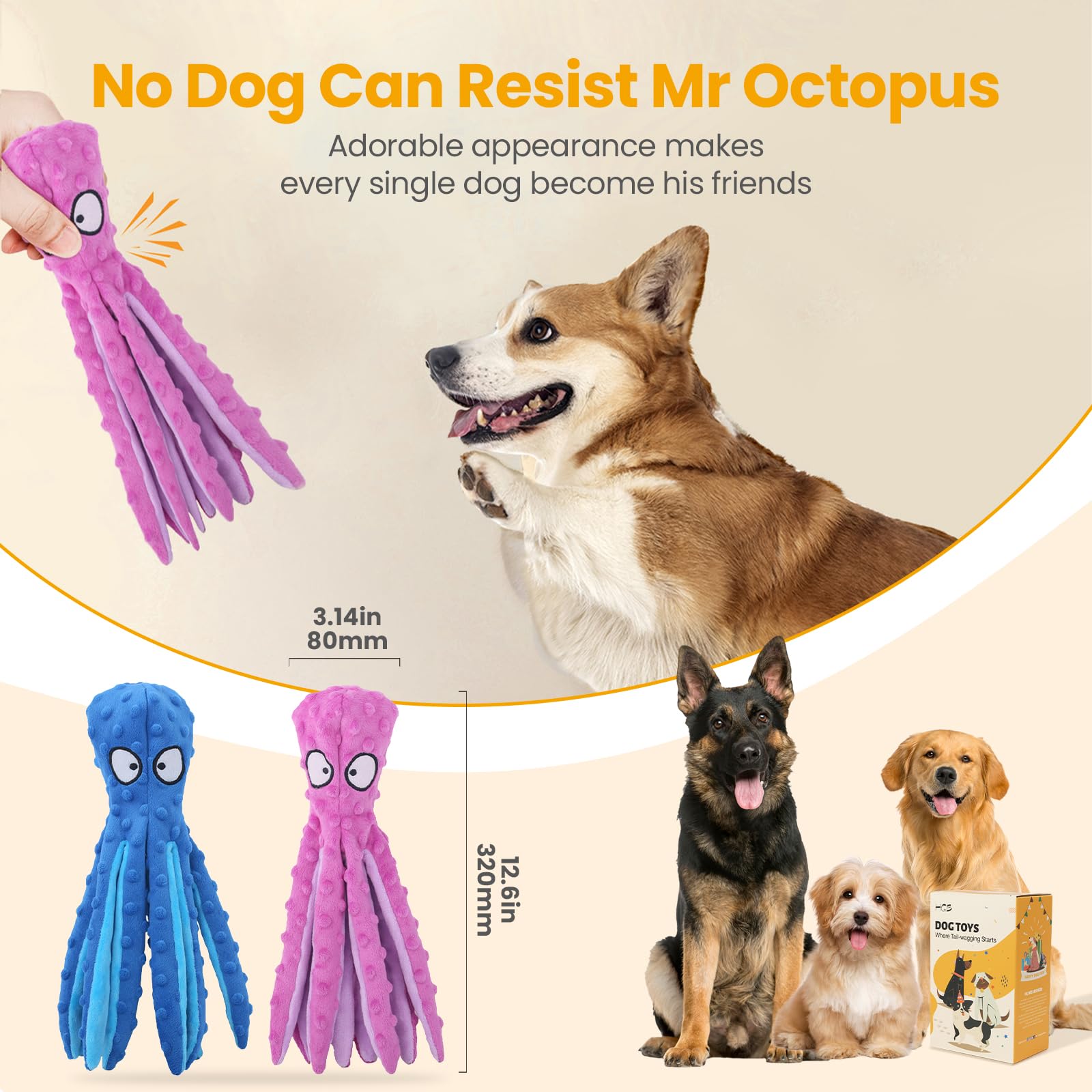 HGB No-Stuffing Plush Dog Toy reduces mess after play.