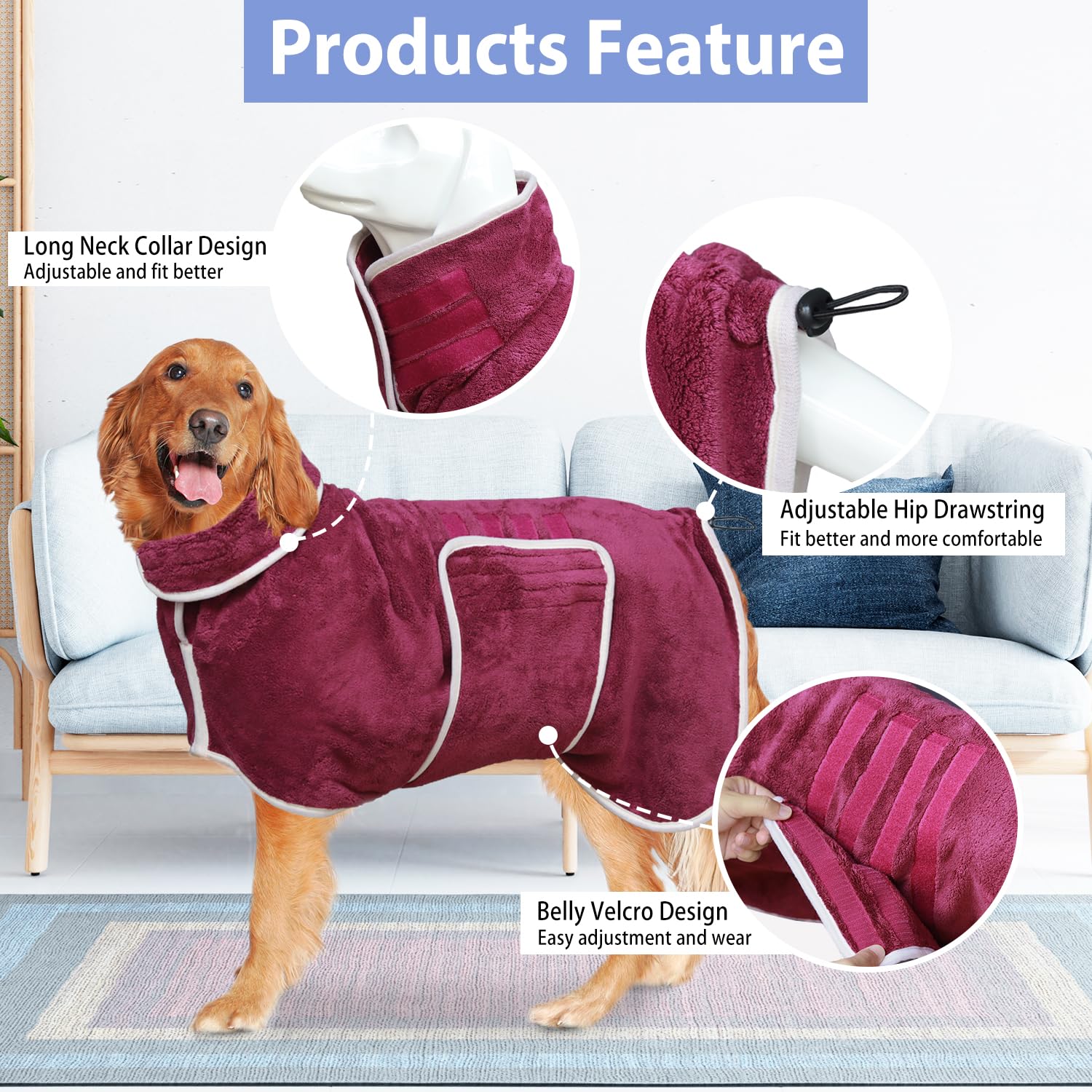 HhiMyOct dog bathrobe grey back view shows full-body coverage.