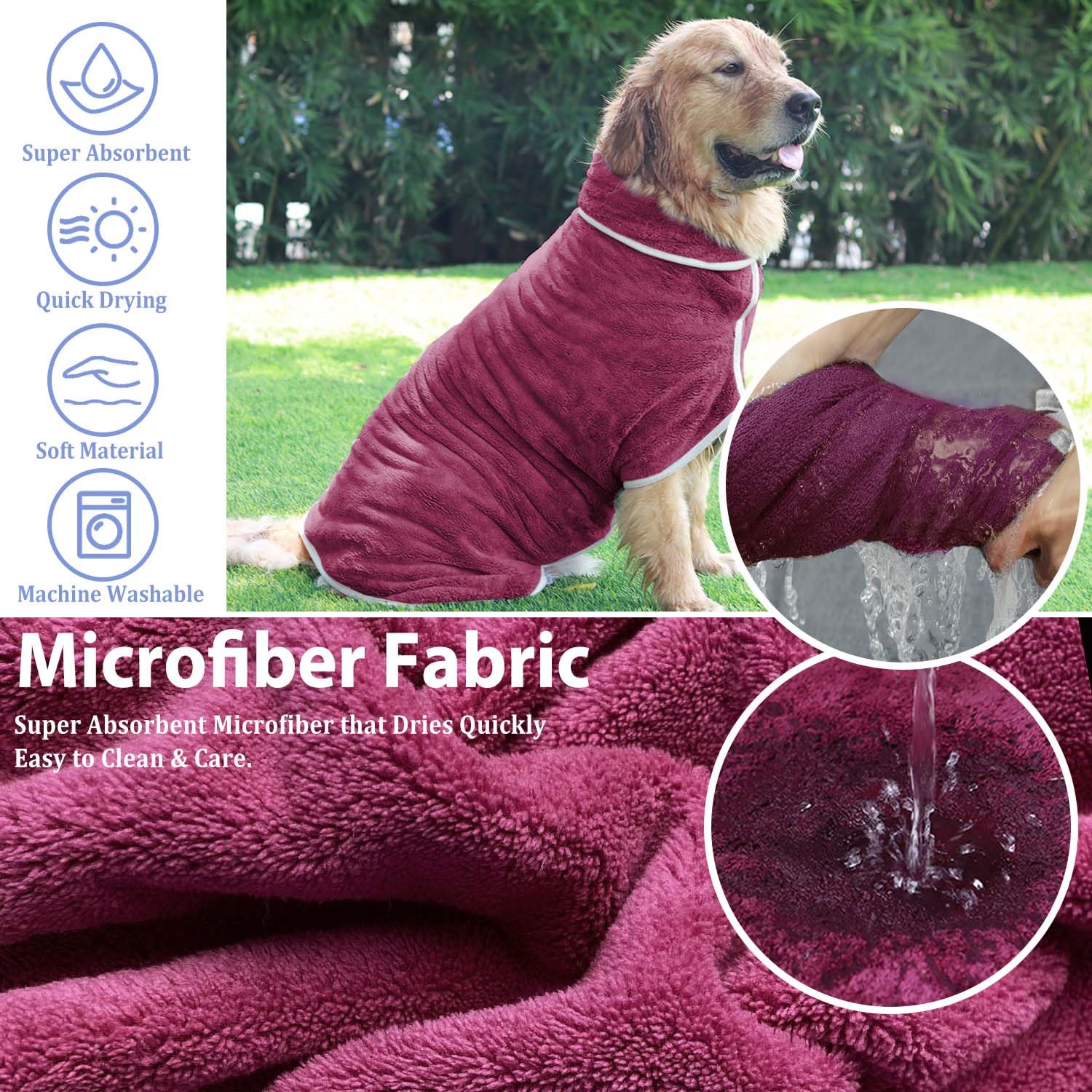 HhiMyOct dog bathrobe grey belly strap secures coat while drying.