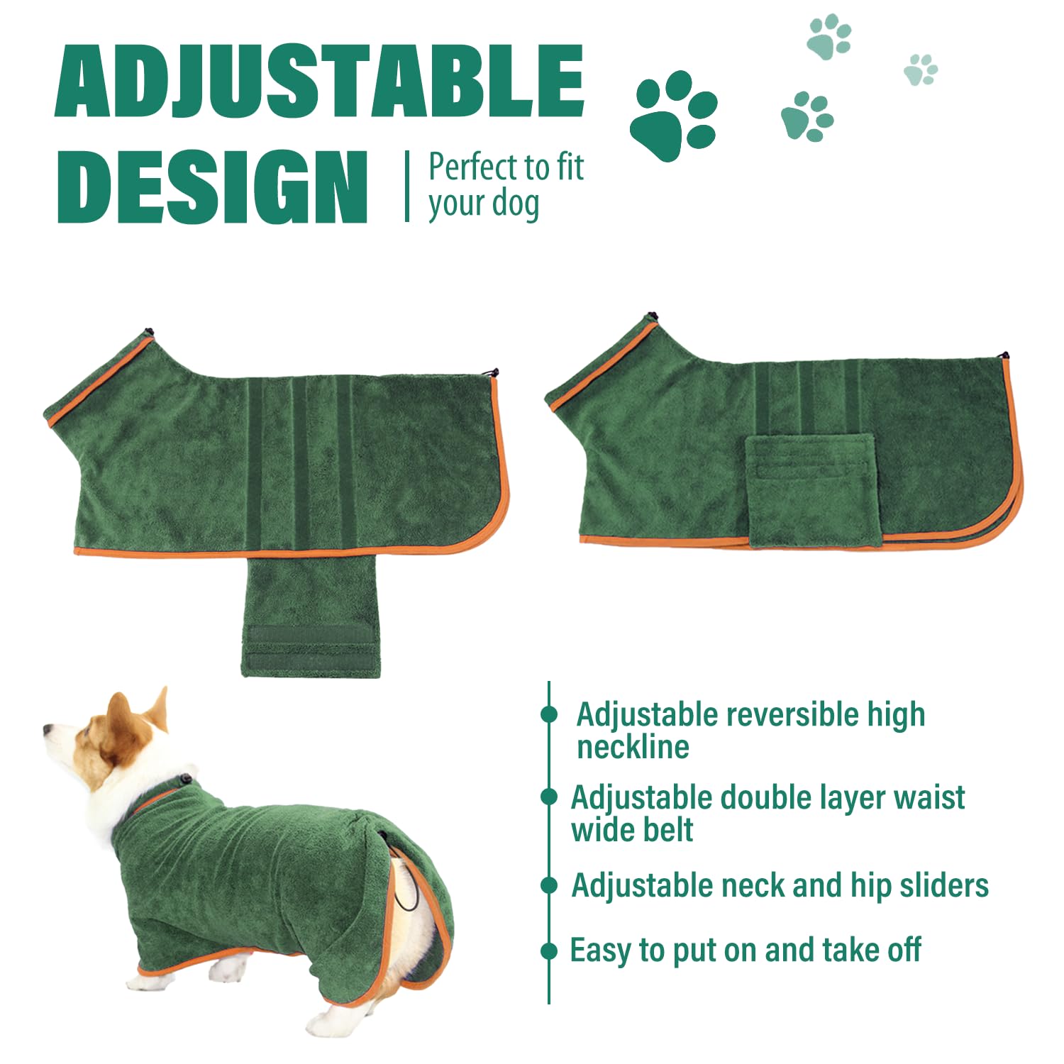 HhiMyOct dog drying coat shows adjustable neck and waist for a secure fit.