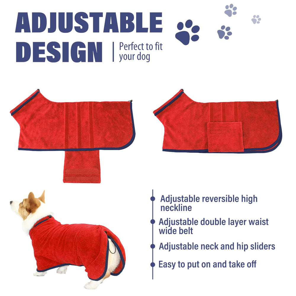 HhiMyOct Dog Drying Coat back-length and collar adjust via drawstrings.