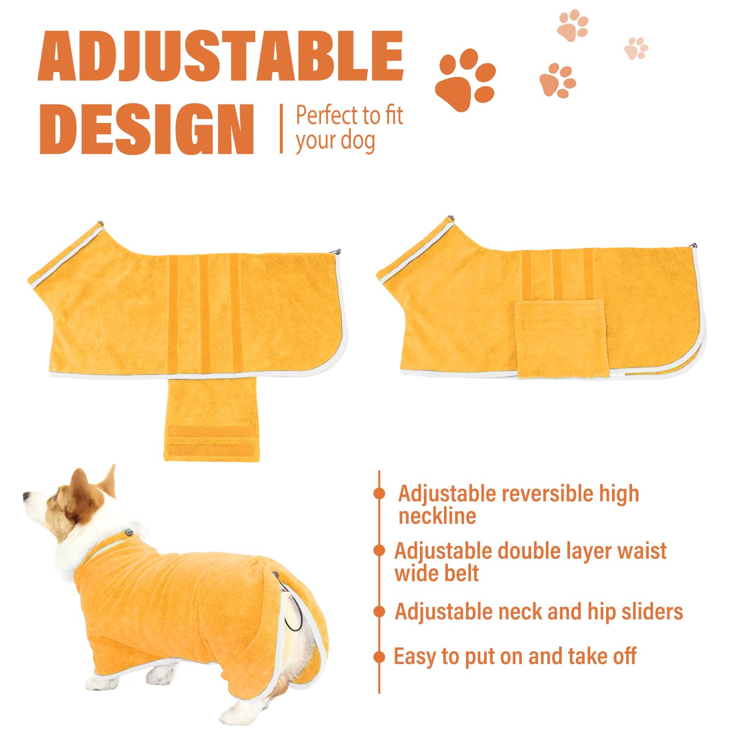 HhiMyOct dog robe with adjustable neck and waist demonstrates customizable fit.