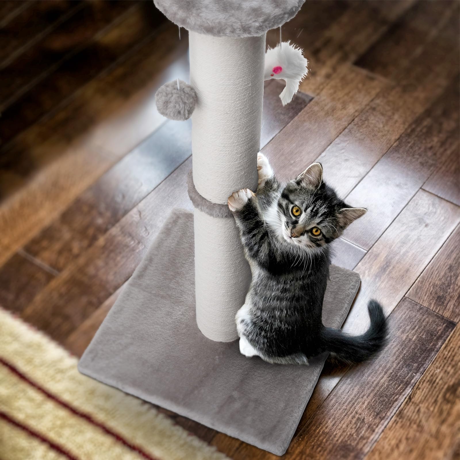 HHZZMIAO plush carpet wrap and pompoms add inviting textures for cats.
