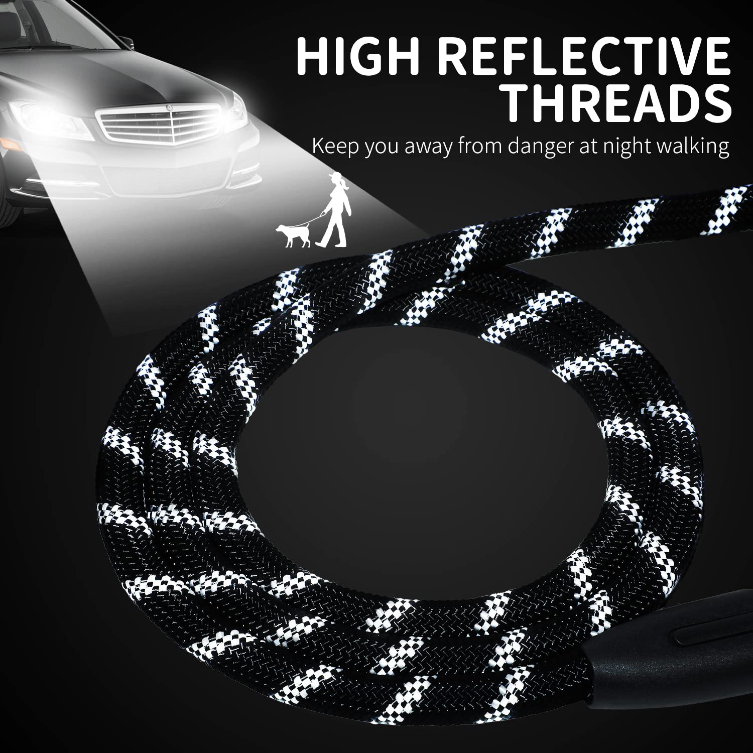 Hi Kiss Long Dog Leash Reflective Stitching boosts visibility at night.