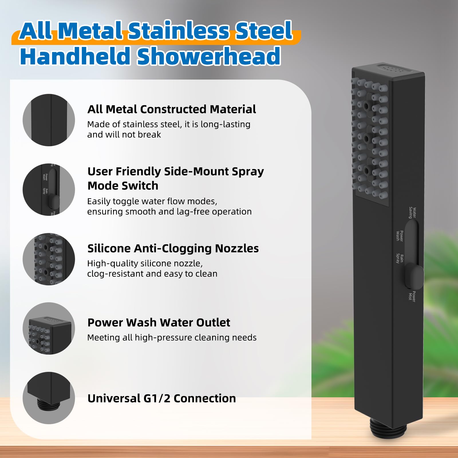 Hibbent 3-way diverter with 118-inch hose enables hand-held and rainfall modes.